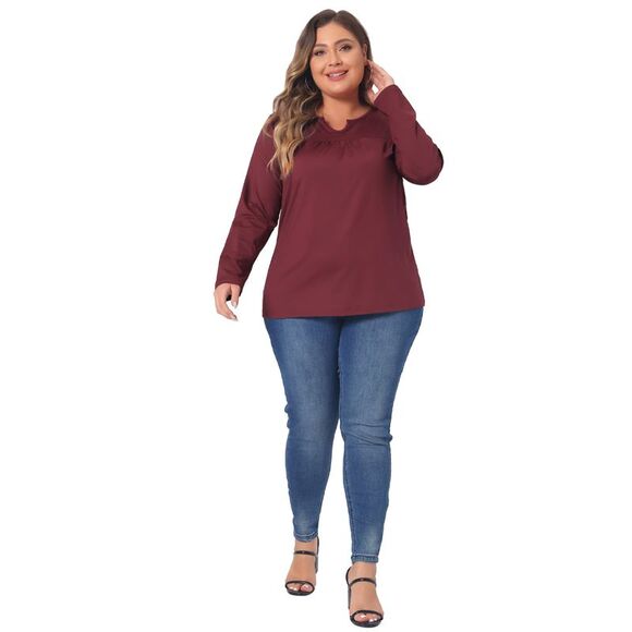 Plus Size Blouse Long Sleeve T-Shirt Notched Neck Loose Casual Top Burgundy - Picture 3 of 4